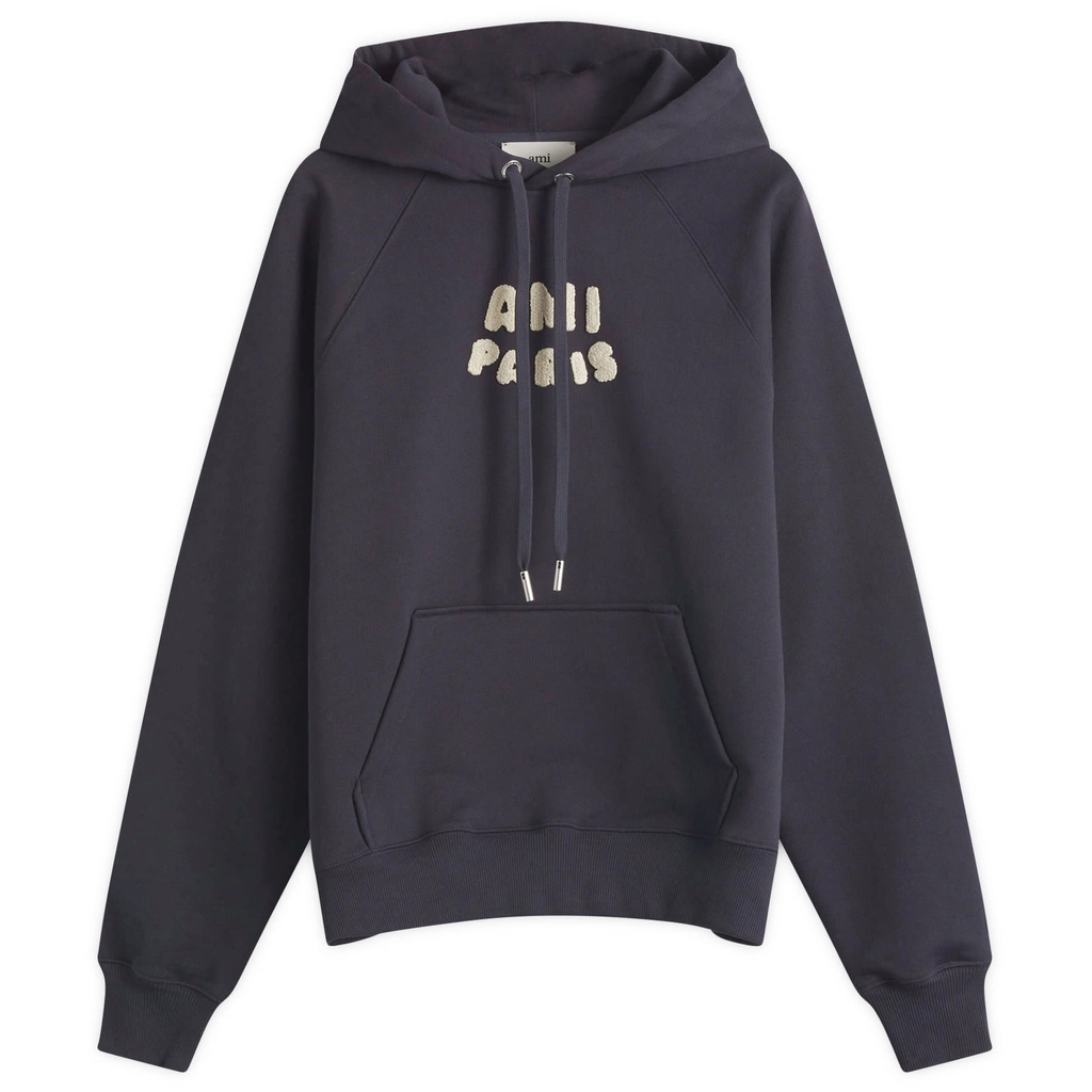 AMI Paris Men's Woven Ami Logo Jersey Hoodie Navy Blue